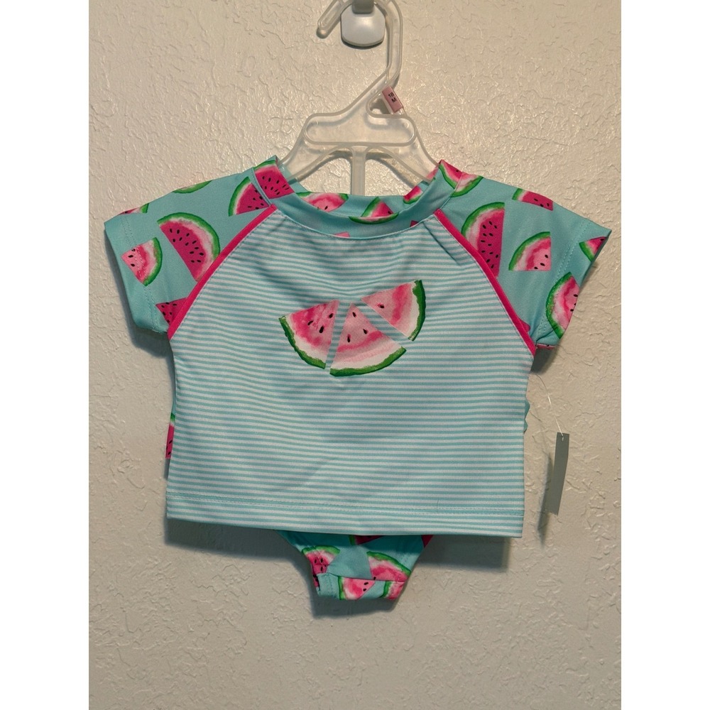 Lemon Kiss Girls Watermelon Striped 2pc Swimsuit Tankini Set Aqua Pink 18M